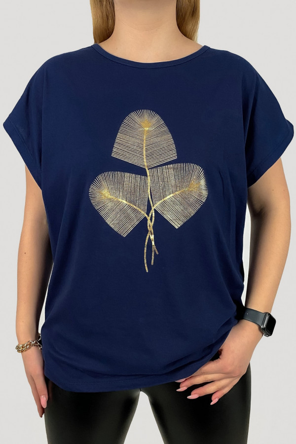 T-shirt plus size koszulka damska w kolorze granatowym złote liście