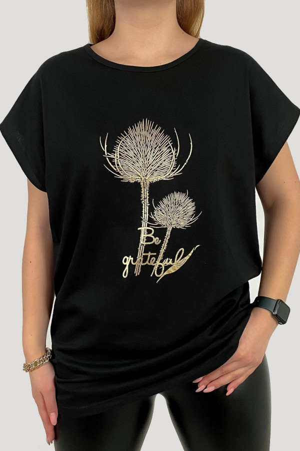 T-shirt plus size koszulka damska w kolorze czarnym złoty print plant