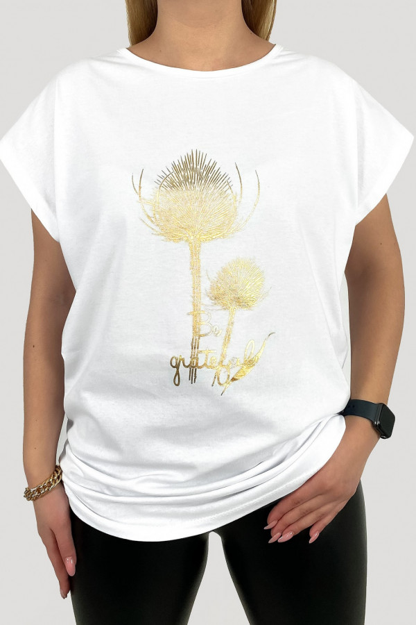 T-shirt plus size koszulka damska w kolorze białym złoty print plant