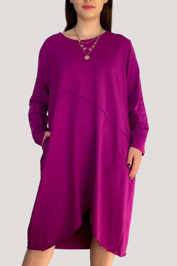 Bawełniana sukienka plus size w kolorze magenta przeszycia kieszenie Mavis