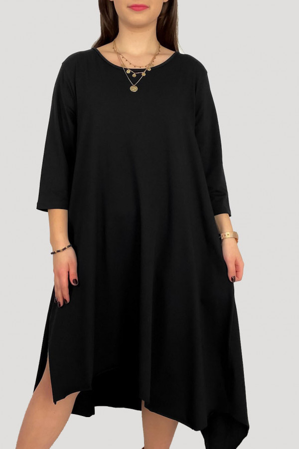 Asymetryczna sukienka plus size w kolorze czarnym długie boki kieszenie Anett