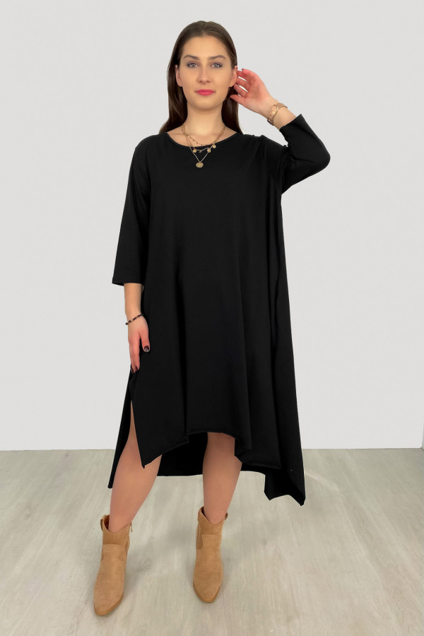 Asymetryczna sukienka plus size w kolorze czarnym długie boki kieszenie Anett 1