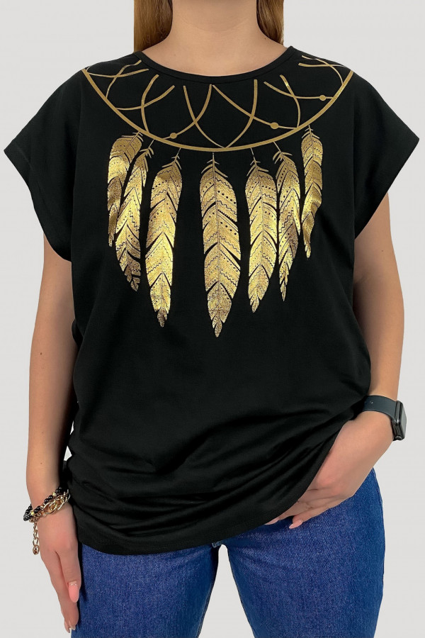 T-shirt plus size koszulka damska w kolorze czarnym złoty print pióra boho