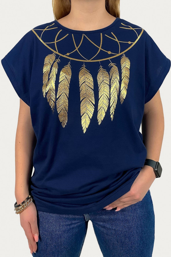 T-shirt plus size koszulka damska w kolorze granatowym złoty print pióra boho
