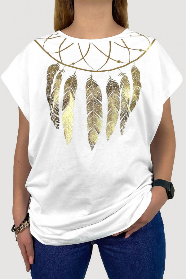 T-shirt plus size koszulka damska w kolorze białym złoty print pióra boho