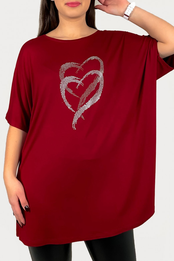 Tunika plus size luźna bluzka z wiskozy w kolorze bordowym print dżety serce Corazon