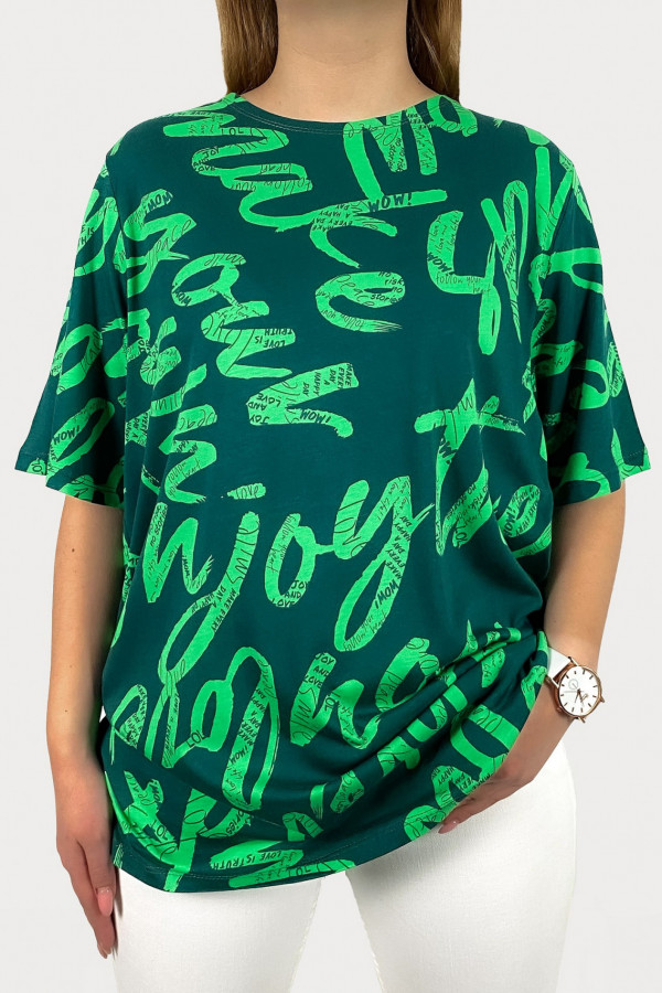 T-shirt bluzka damska plus size zielony wzór print litery Blanca