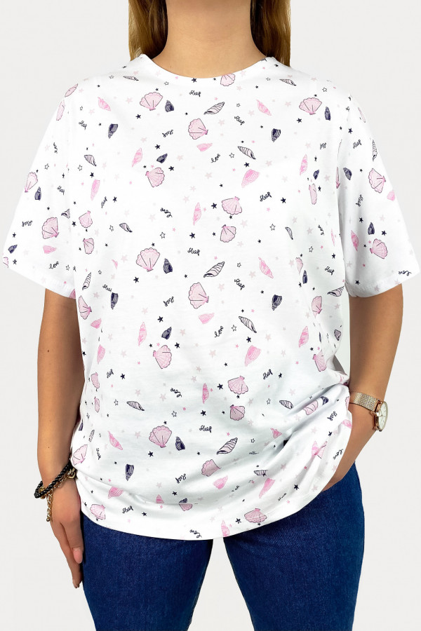 T-shirt bluzka damska plus size biały wzór muszelki Blanca