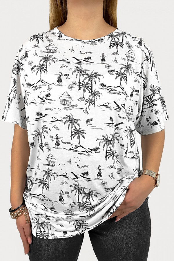 T-shirt bluzka damska plus size biały wzór palmy Blanca