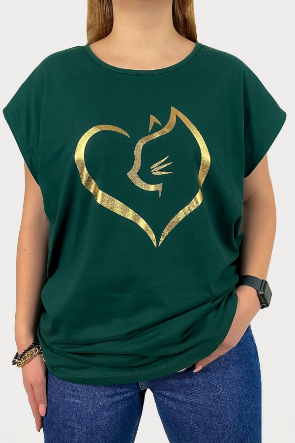 T-shirt plus size koszulka damska w kolorze zielonym złoty print kot