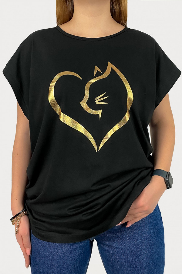 T-shirt plus size koszulka damska w kolorze czarnym złoty print kot