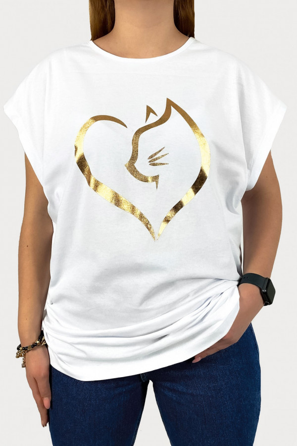T-shirt plus size koszulka damska w kolorze białym złoty print kot
