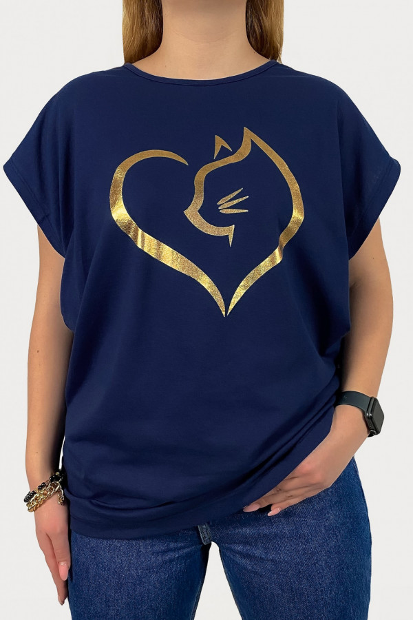 T-shirt plus size koszulka damska w kolorze granatowym złoty print kot