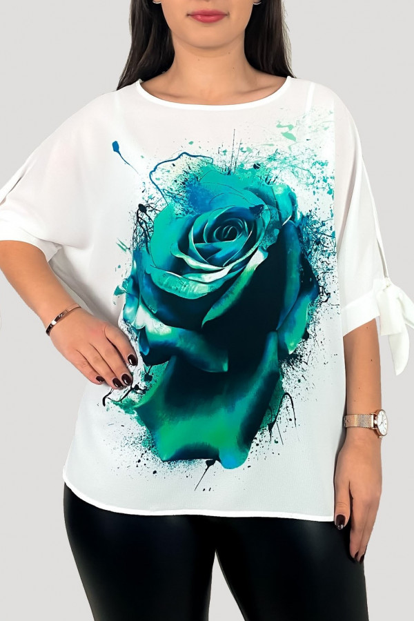 Elegancka bluzka koszula w kolorze białym wiązane rękawy zielony kwiat