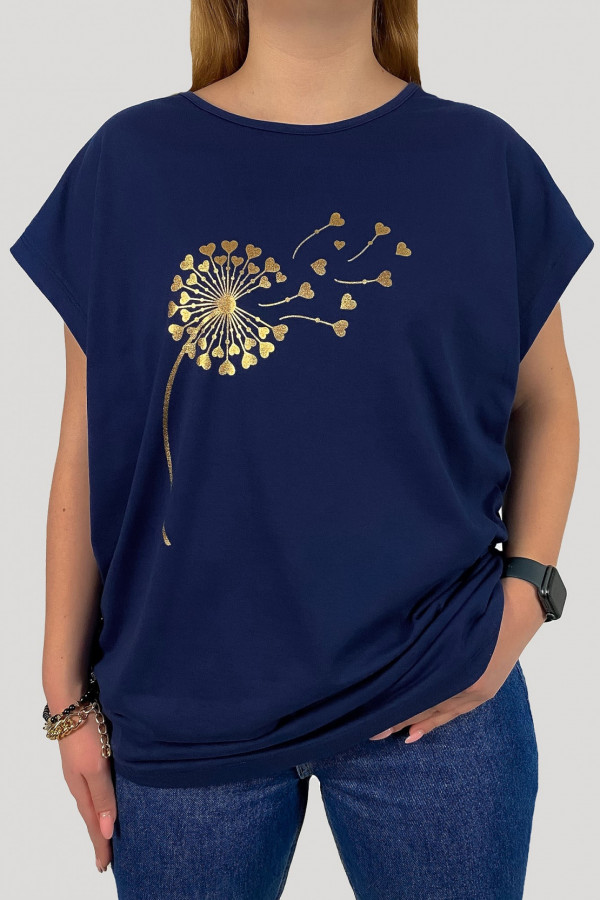 T-shirt plus size koszulka damska w kolorze granatowym złoty dmuchawiec soft