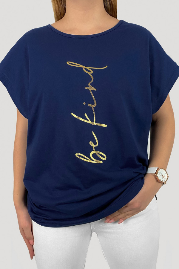 T-shirt plus size koszulka damska w kolorze granatowym złoty print be find