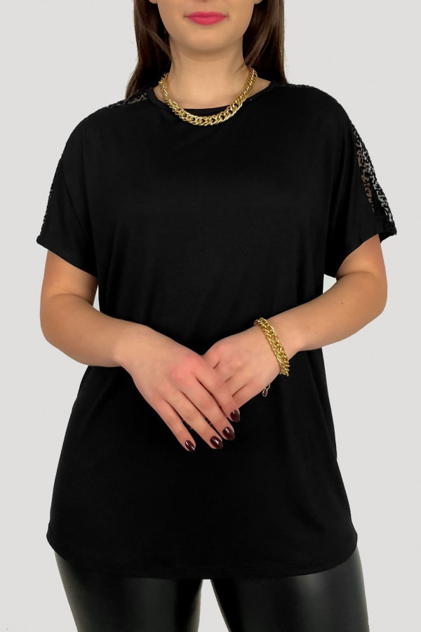 Bluzka damska plus size z wiskozy w kolorze czarnym siateczka na ramionach 3