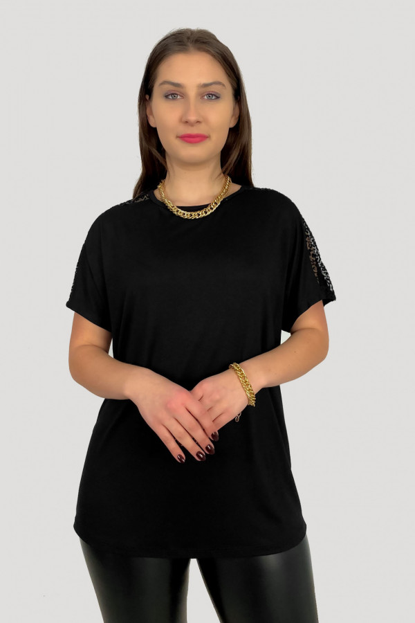 Bluzka damska plus size z wiskozy w kolorze czarnym siateczka na ramionach 1