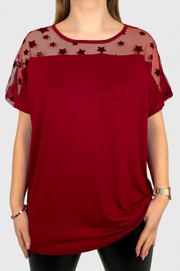 Bluzka damska plus size z wiskozy w kolorze bordowym dekolt siateczka gwiazdy Lauren