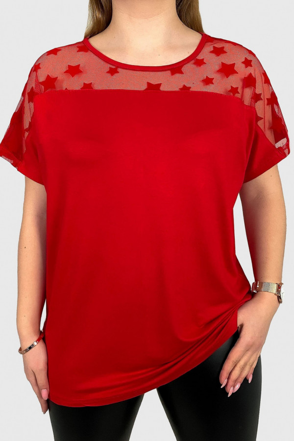 Bluzka damska plus size z wiskozy w kolorze czerwonym dekolt siateczka gwiazdy Lauren