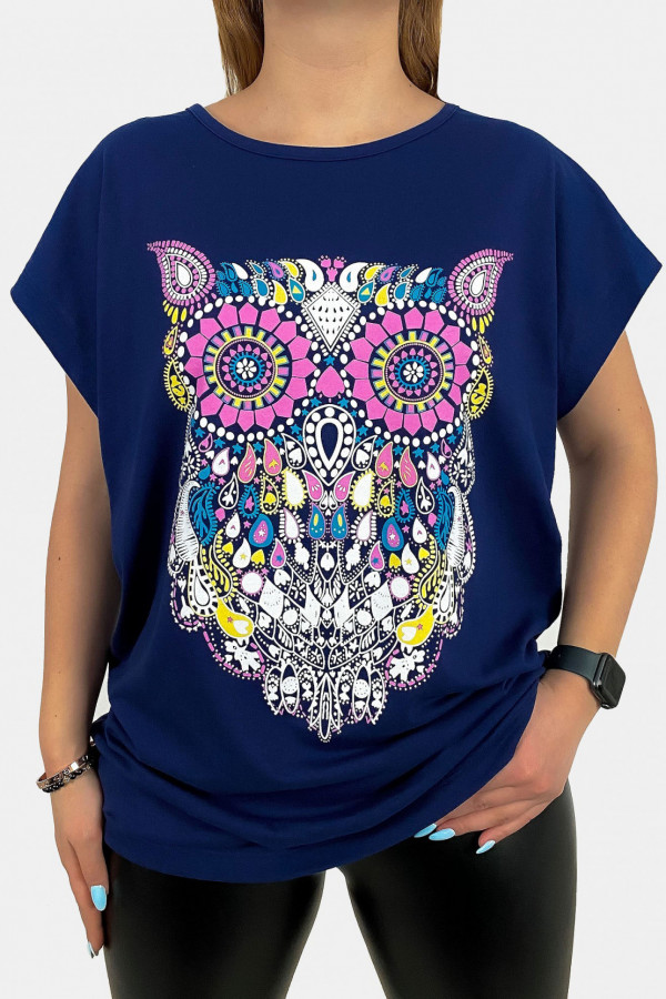 T-shirt plus size koszulka damska w kolorze granatowym sowa owl multikolor