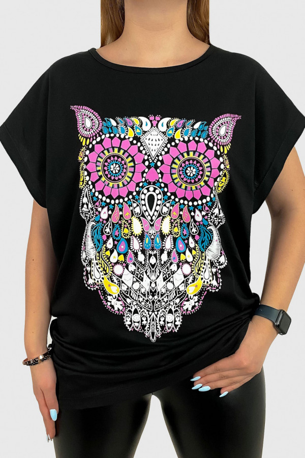 T-shirt plus size koszulka damska w kolorze czarnym sowa owl multikolor