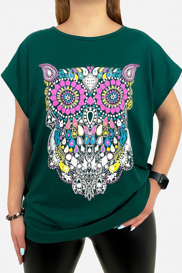 T-shirt plus size koszulka damska w kolorze butelkowej zieleni sowa owl multikolor