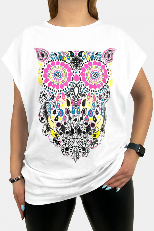 T-shirt plus size koszulka damska w kolorze białym sowa owl multikolor