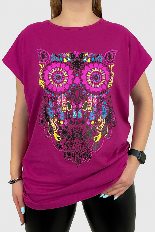T-shirt plus size koszulka damska w kolorze fuksji sowa owl multikolor