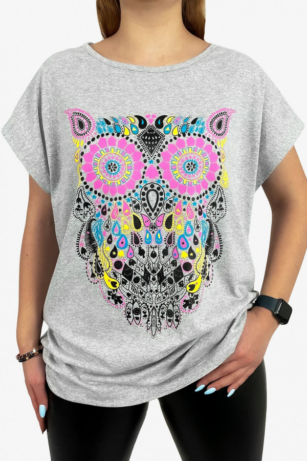 T-shirt plus size koszulka damska w kolorze szarym sowa owl multikolor