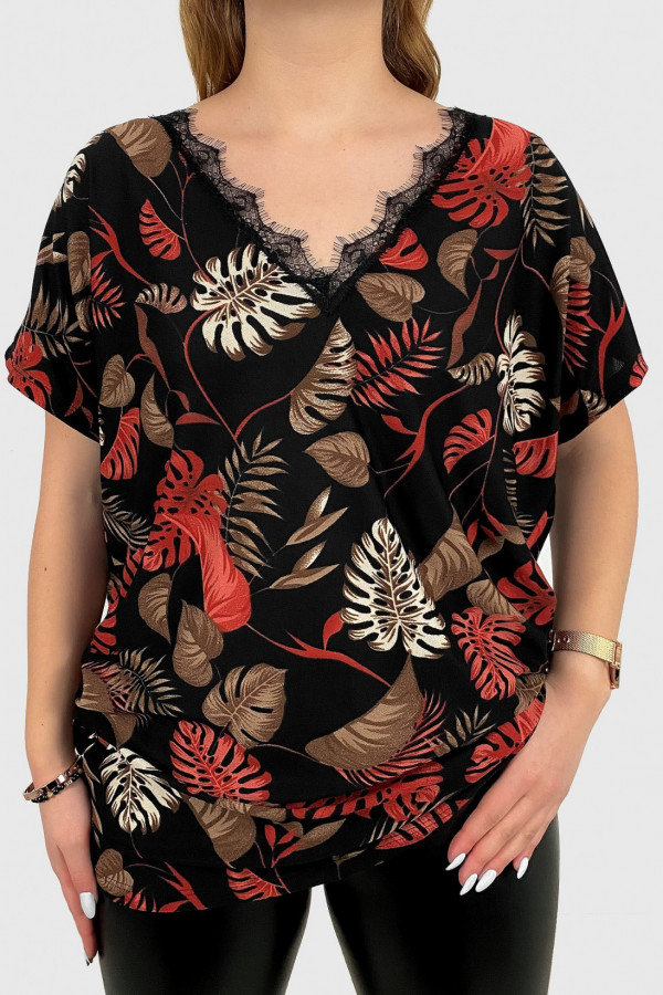 Kobieca bluzka plus size wzór liście monstery red tropical dekolt V koronka Alicja