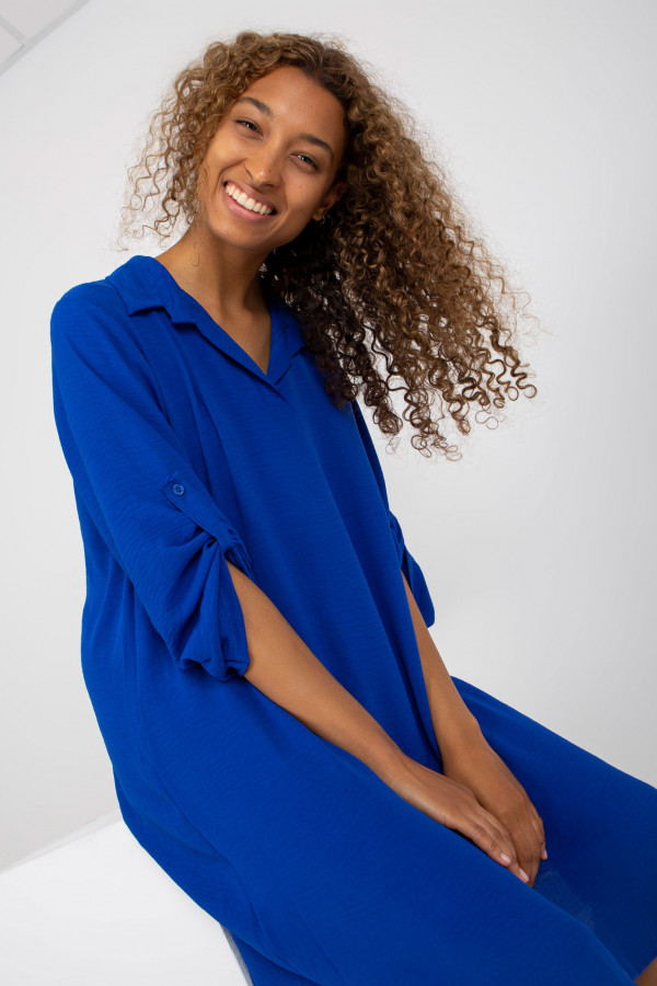 Koszula tunika w kolorze kobaltowym sukienka z dłuższym tyłem podpinany rękaw Kloe 5