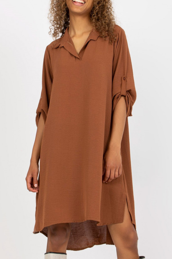 Koszula tunika w kolorze jasno brązowym sukienka z dłuższym tyłem podpinany rękaw Kloe