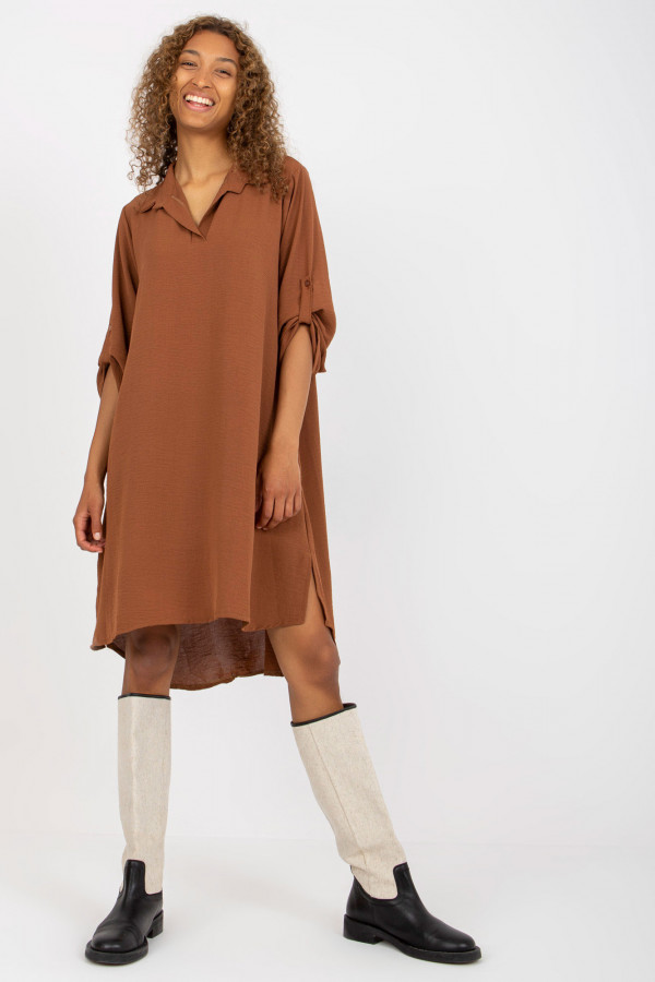 Koszula tunika w kolorze jasno brązowym sukienka z dłuższym tyłem podpinany rękaw Kloe 6