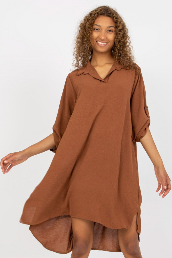 Koszula tunika w kolorze jasno brązowym sukienka z dłuższym tyłem podpinany rękaw Kloe 4