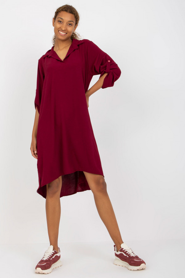 Koszula tunika w kolorze bordowym sukienka z dłuższym tyłem podpinany rękaw Kloe 1