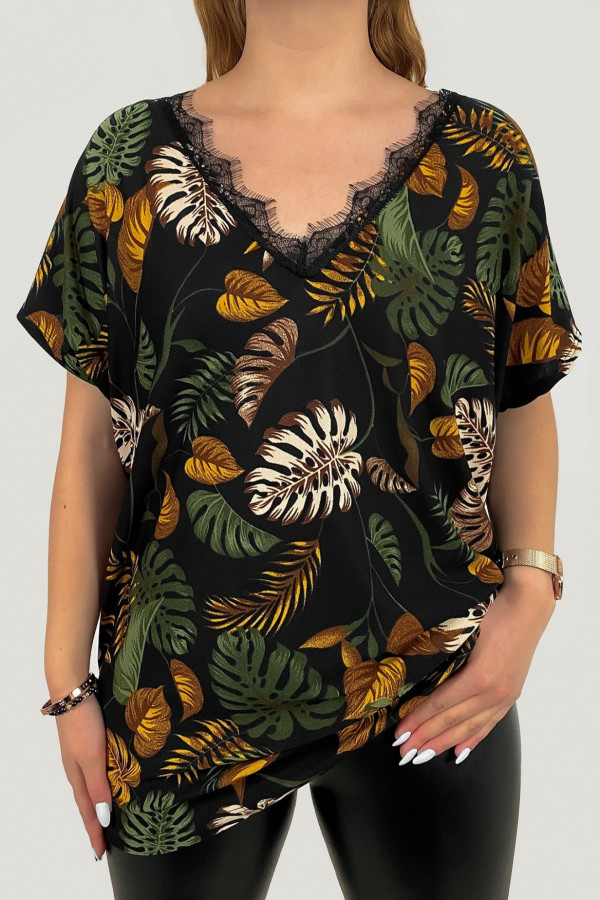 Kobieca bluzka plus size wzór liście monstery tropical dekolt V koronka Alicja