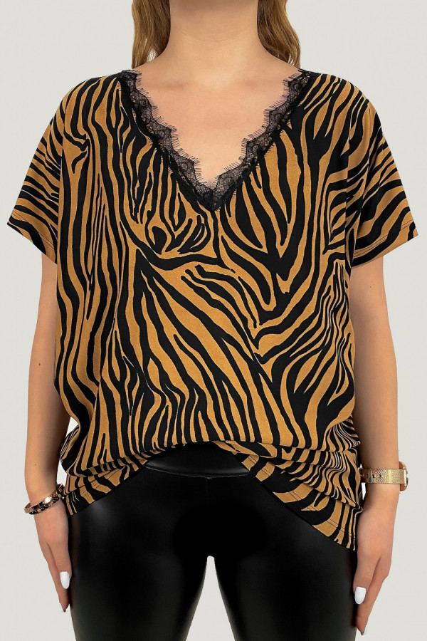 Kobieca bluzka plus size wzór zebra brąz dekolt v koronka Alicja