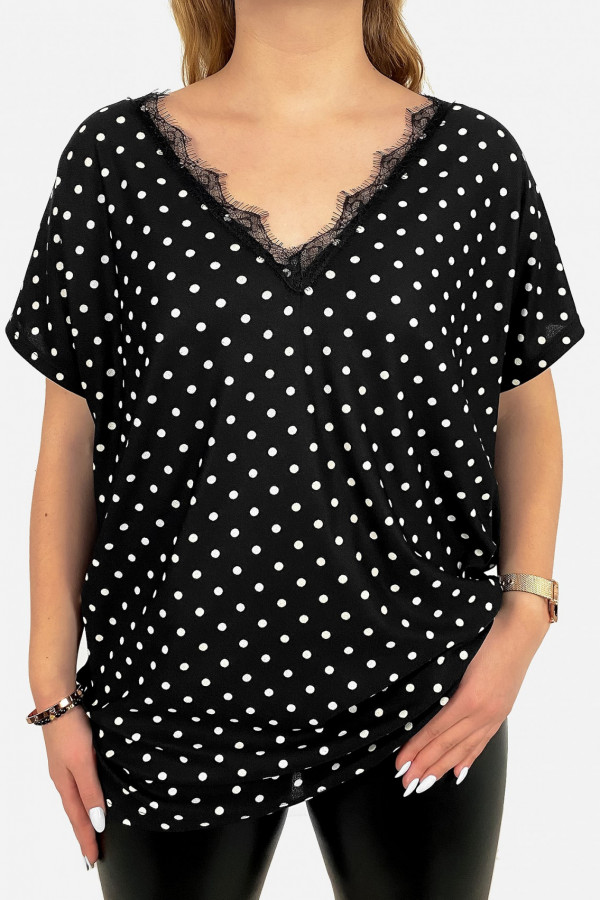 Kobieca bluzka plus size wzór grochy kropki dekolt V koronka Alicja