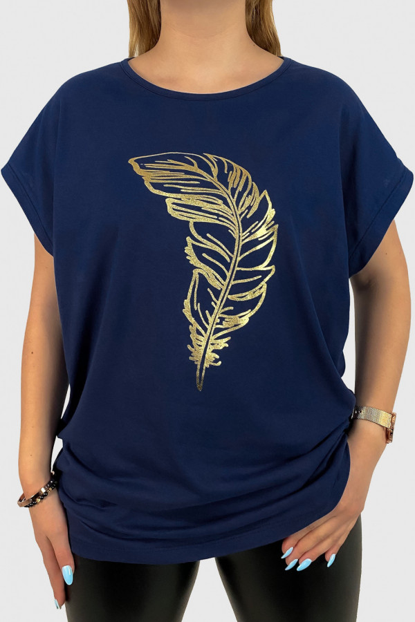 T-shirt damski plus size koszulka w kolorze granatowym złote piórko gold