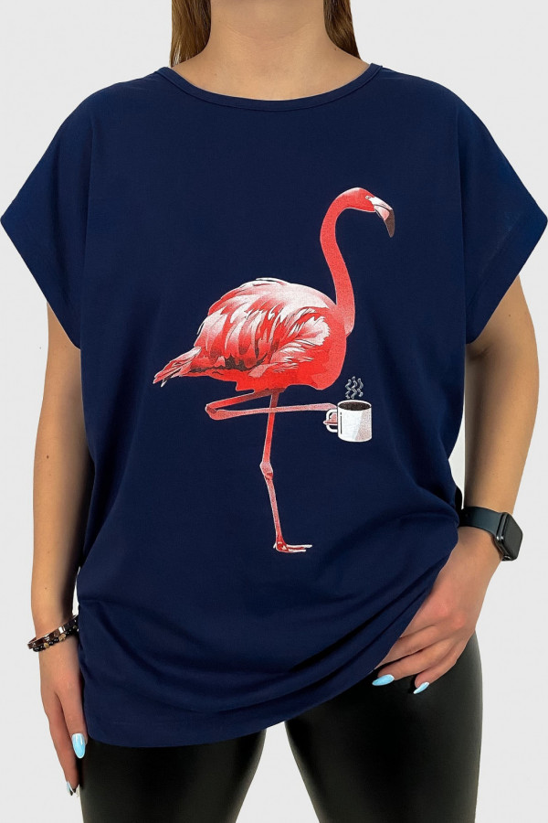 T-shirt damski plus size koszulka w kolorze granatowym pink flamingo
