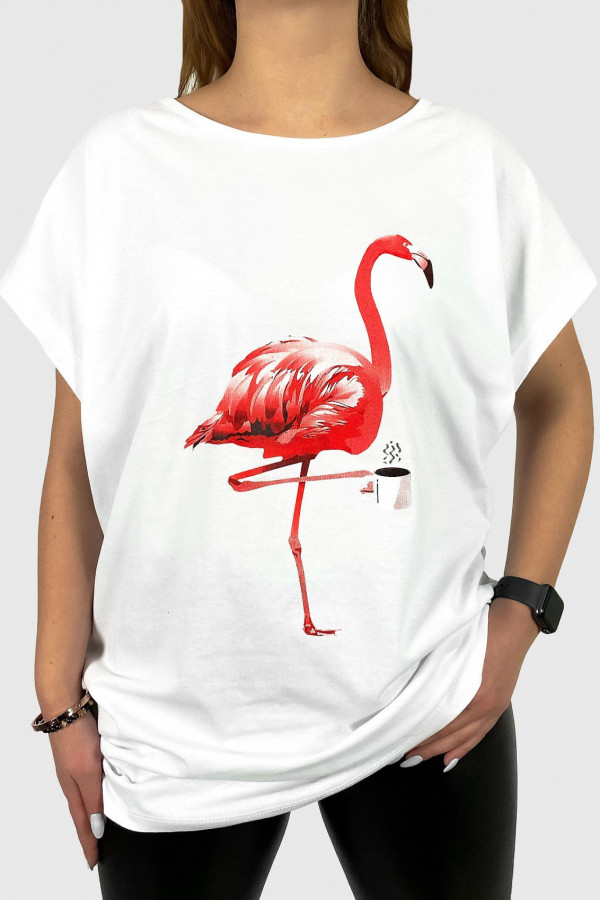 T-shirt damski plus size koszulka w kolorze białym pink flamingo