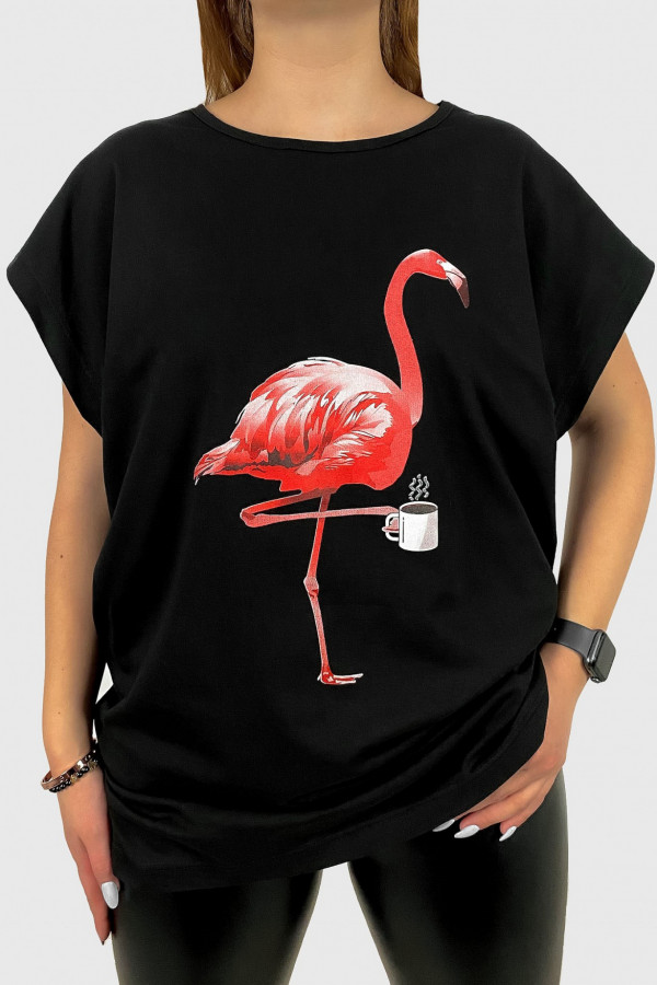 T-shirt damski plus size koszulka w kolorze czarnym pink flamingo