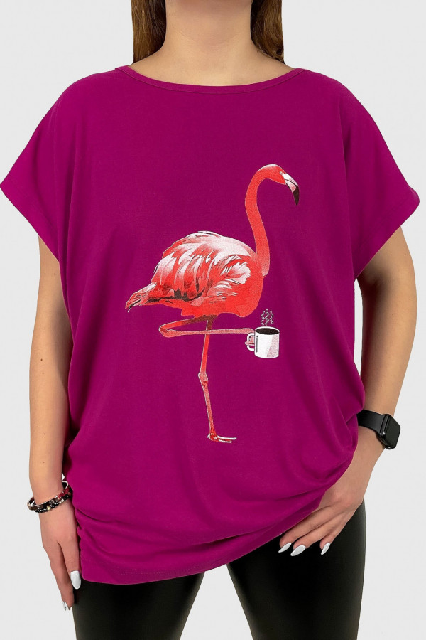 T-shirt damski plus size koszulka w kolorze fuksji pink flamingo