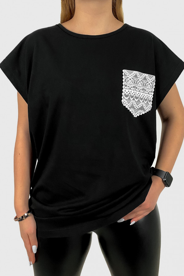 T-shirt damski plus size koszulka w kolorze czarnym print pocket kieszonka