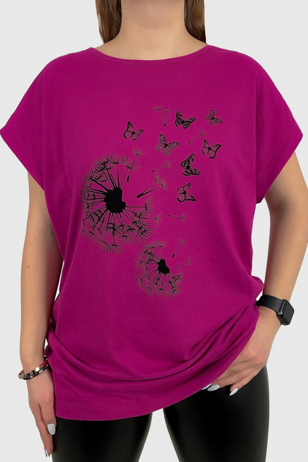 T-shirt plus size w kolorze fuksji koszulka print dmuchawce motyle