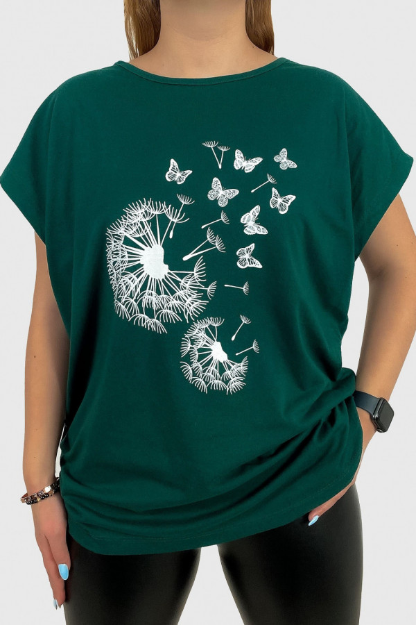 T-shirt plus size w kolorze butelkowej zieleni koszulka print dmuchawce motyle