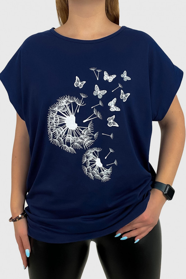 T-shirt plus size w kolorze granatowym koszulka print dmuchawce motyle