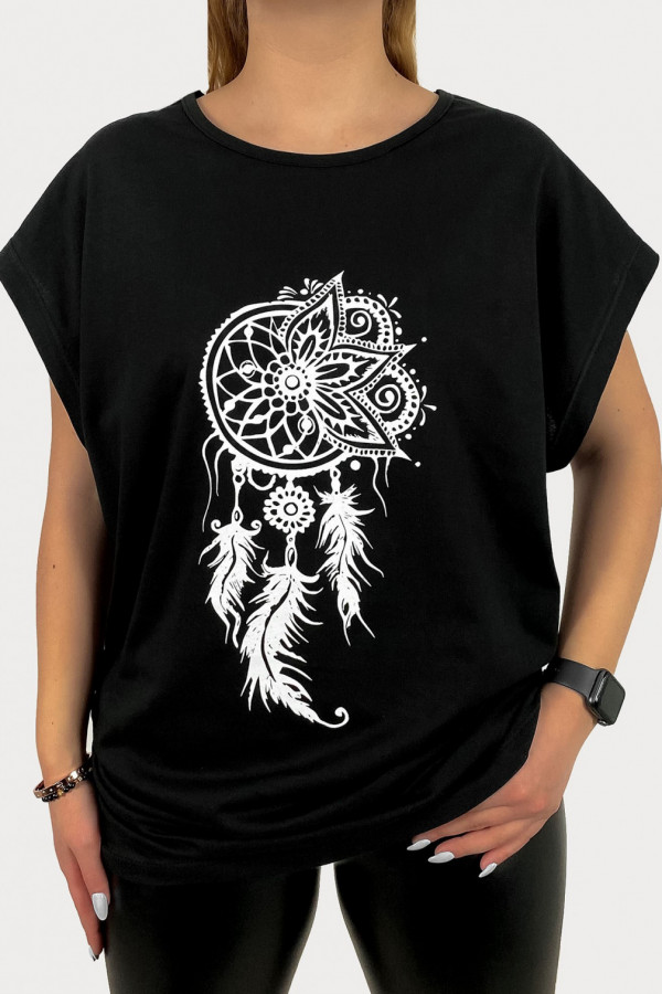T-shirt plus size koszulka damska w kolorze czarnym boho łapacz snów pióra kwiat