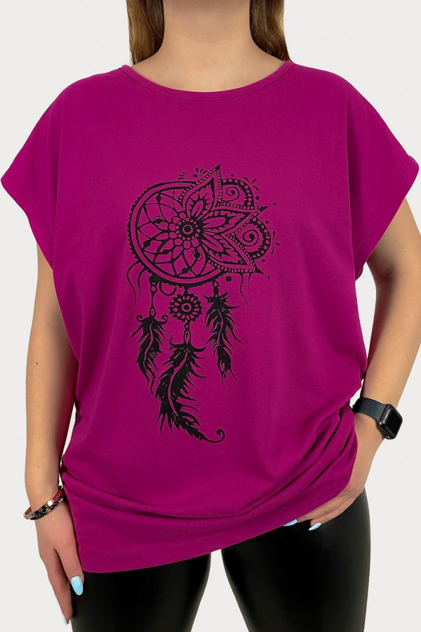T-shirt plus size W DRUGIM GATUNKU koszulka damska w kolorze fuksji boho łapacz snów pióra kwiat